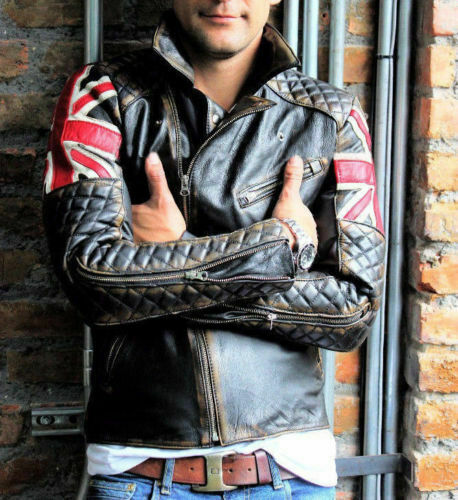 Herren Biker Vintage gesteppt Distressed braun Racer UK Flagge Union Jack Lederjacke
