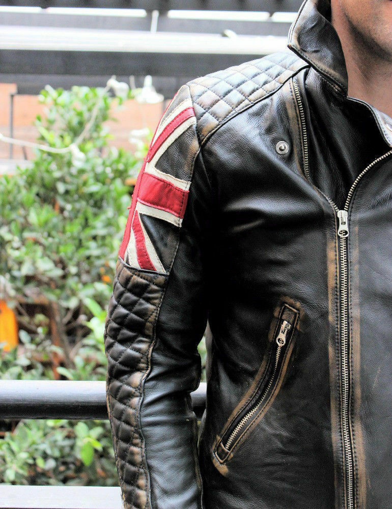 Herren Biker Vintage gesteppt Distressed braun Racer UK Flagge Union Jack Lederjacke