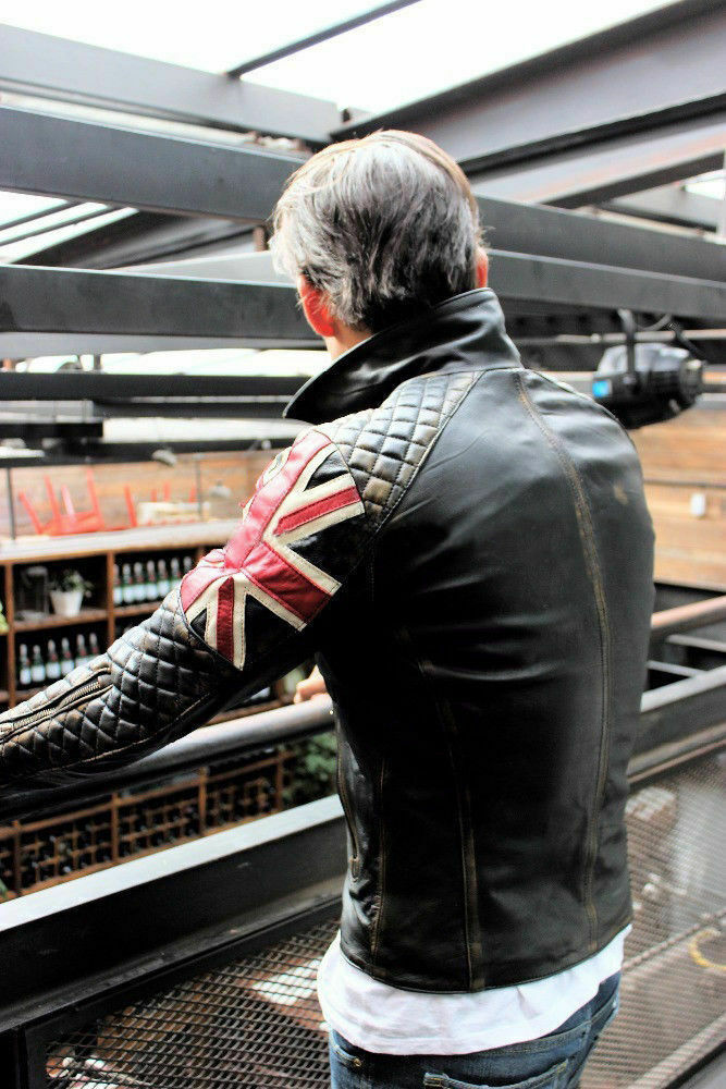 Herren Biker Vintage gesteppt Distressed braun Racer UK Flagge Union Jack Lederjacke