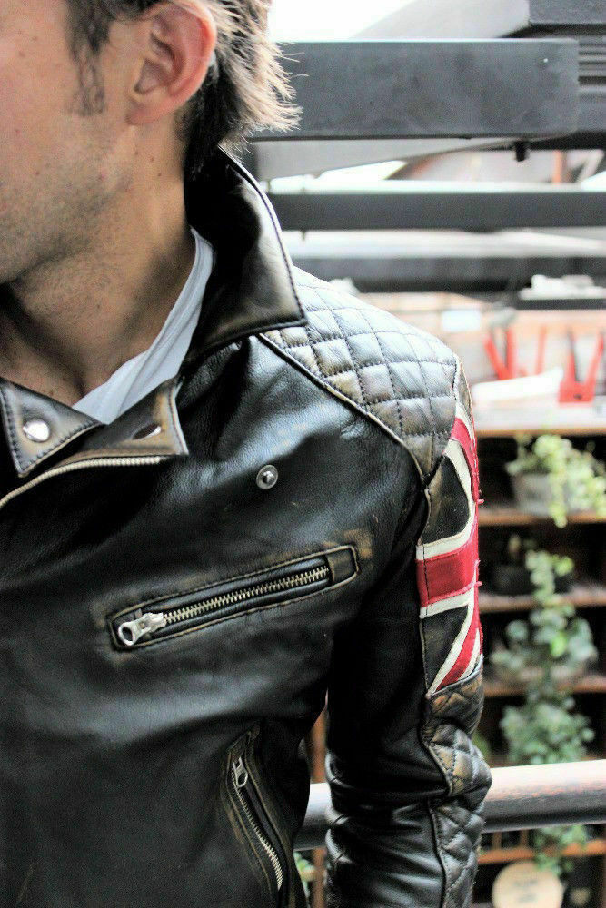 Herren Biker Vintage gesteppt Distressed braun Racer UK Flagge Union Jack Lederjacke