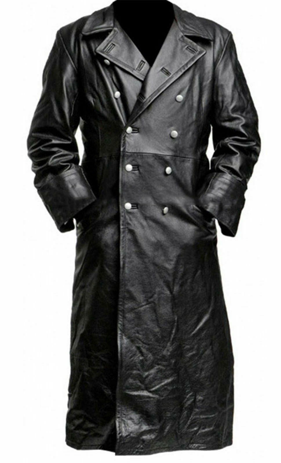 MEN'S CLASSIC OFFICER MILITARY BLACK FAUX/SYNTHETIC LEATHER LONG GERMAN TRENCH COAT