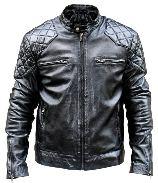 Neue britische, konventionelle schwarze Cafe Racer-Lederjacke für Herren 