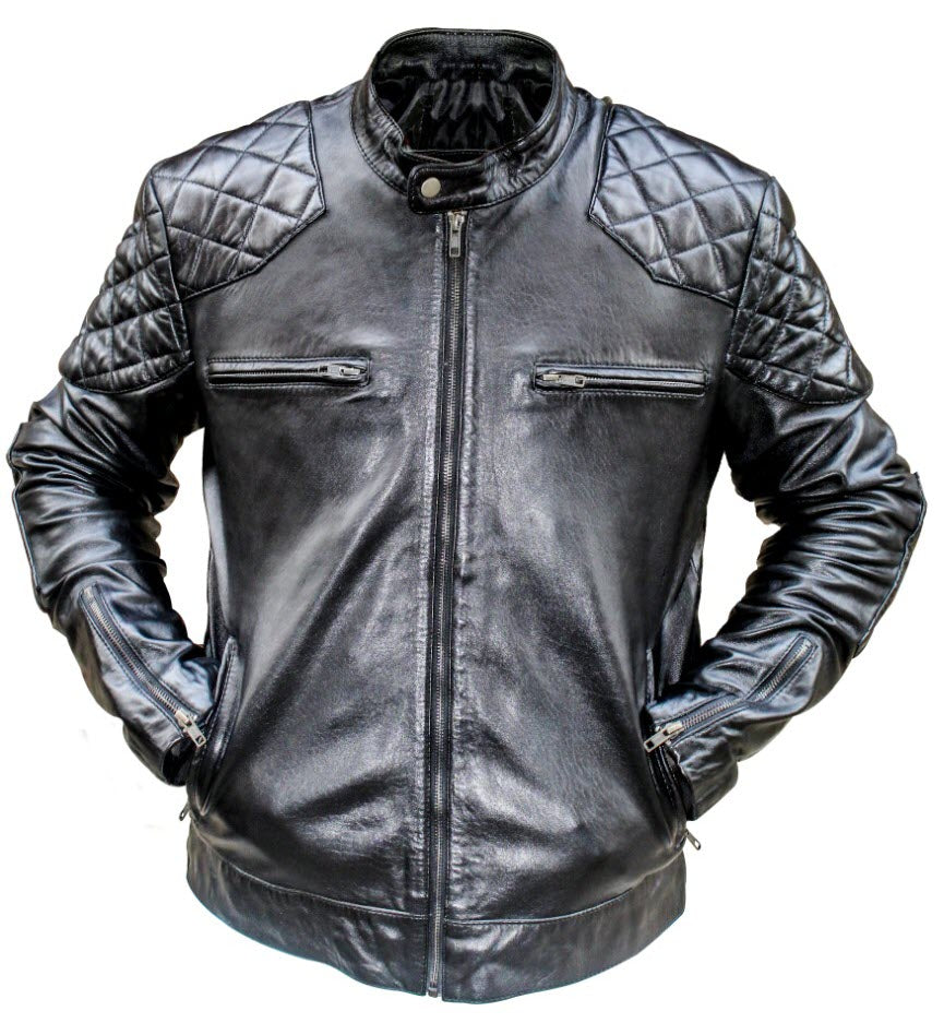 New Men's British Conventional Black Cafe Racer Leather Jacket