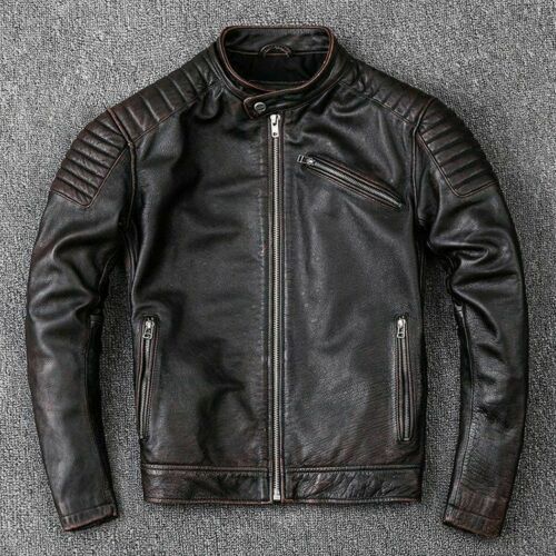 Mens Biker Vintage Motorcycle Distressed Black Cafe Racer Leather Jacket