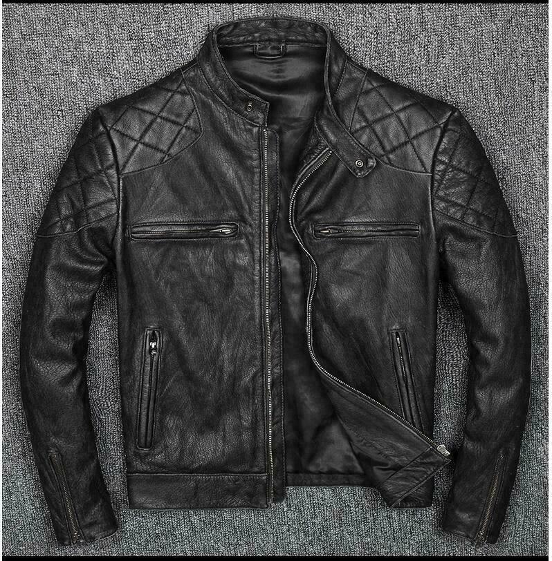 Schwarze Biker-Vintage-Motorradjacke aus gewachstem Cafe Racer-Leder für Herren